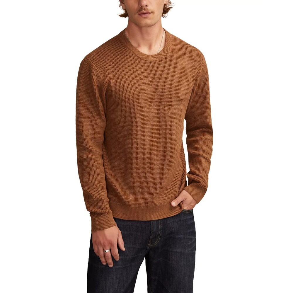 Lucky Brand Men's Waffle Knit Crewneck Sweater Lightweight Camel Brown L